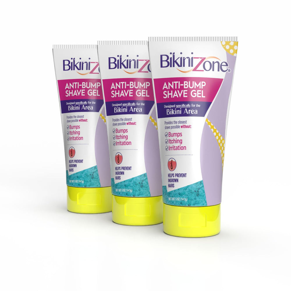 Bikini Zone anti-bump gel bottle closeup shows soothing formula for sensitive areas.