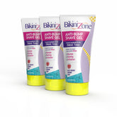 Bikini Zone anti-bump gel bottle closeup shows soothing formula for sensitive areas.