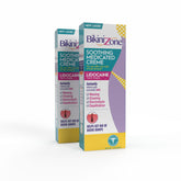 Bikini Zone medicated after shave creme bottle shown, quick relief for razor burn