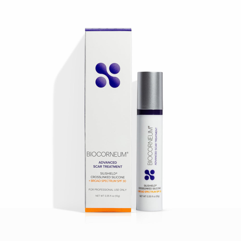 BIOCORNEUM advanced scar treatment Silishield bottle shows protective silicone barrier for scar care
