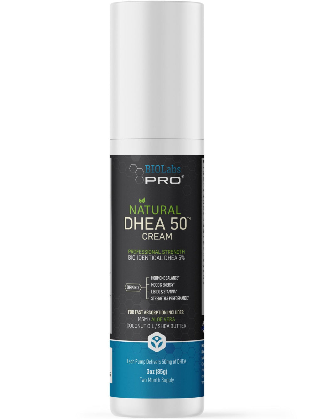 Biolabs PRO DHEA Cream bottle pump showing 50mg per use for hydration.