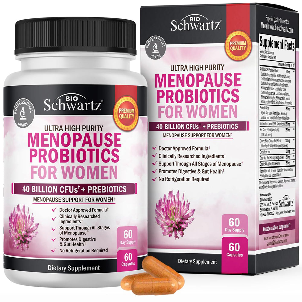 BioSchwartz menopause probiotics bottle showing 60 capsules for balanced menopause support