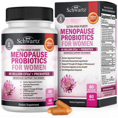 BioSchwartz menopause probiotics bottle showing 60 capsules for balanced menopause support