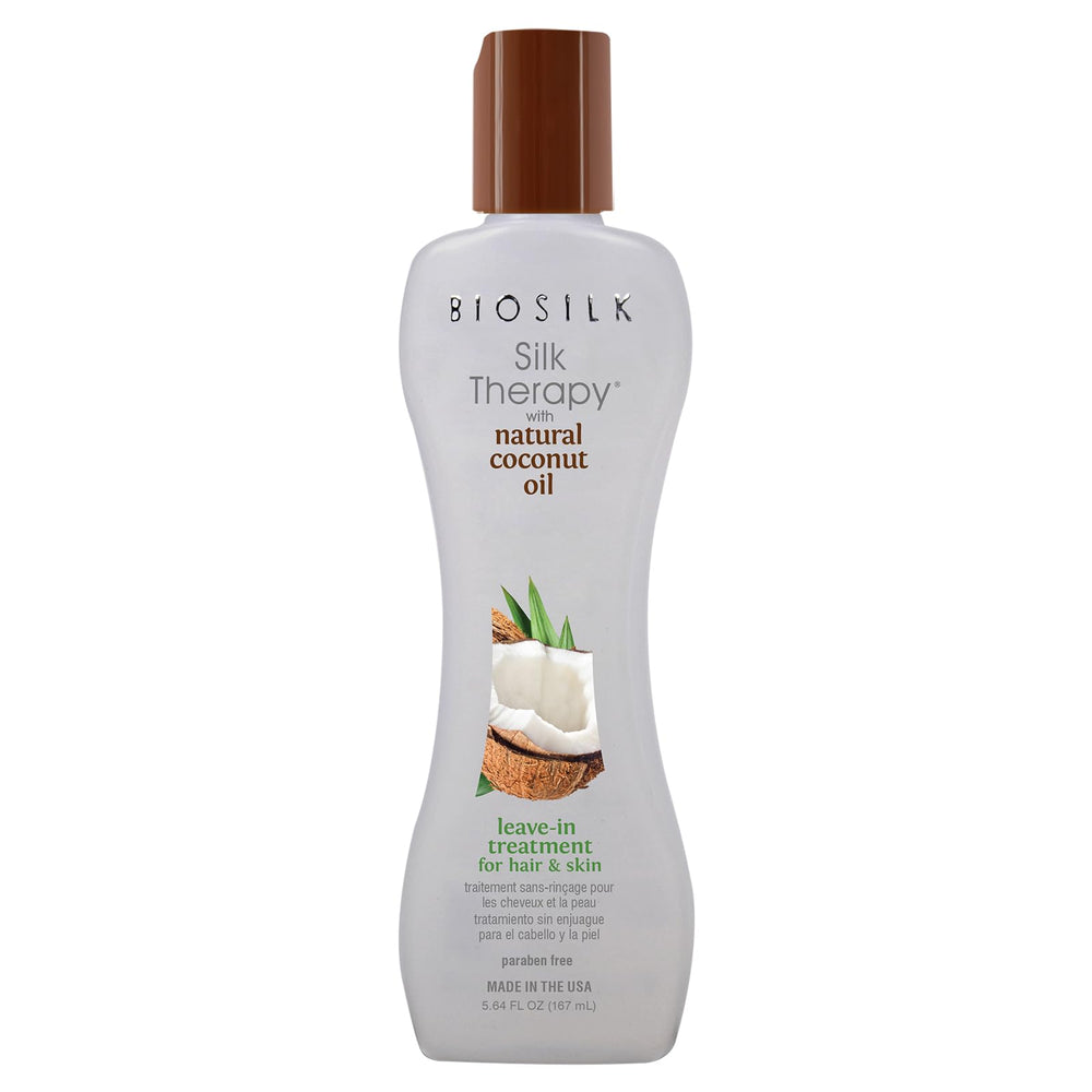 BioSilk Silk Therapy coconut oil bottle highlights frizz control for smooth, shiny hair.