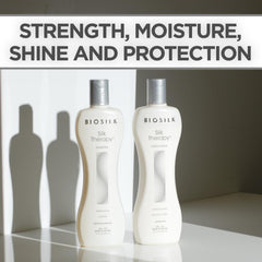 BioSilk Silk Therapy conditioner being dispensed for moisture and manageability.