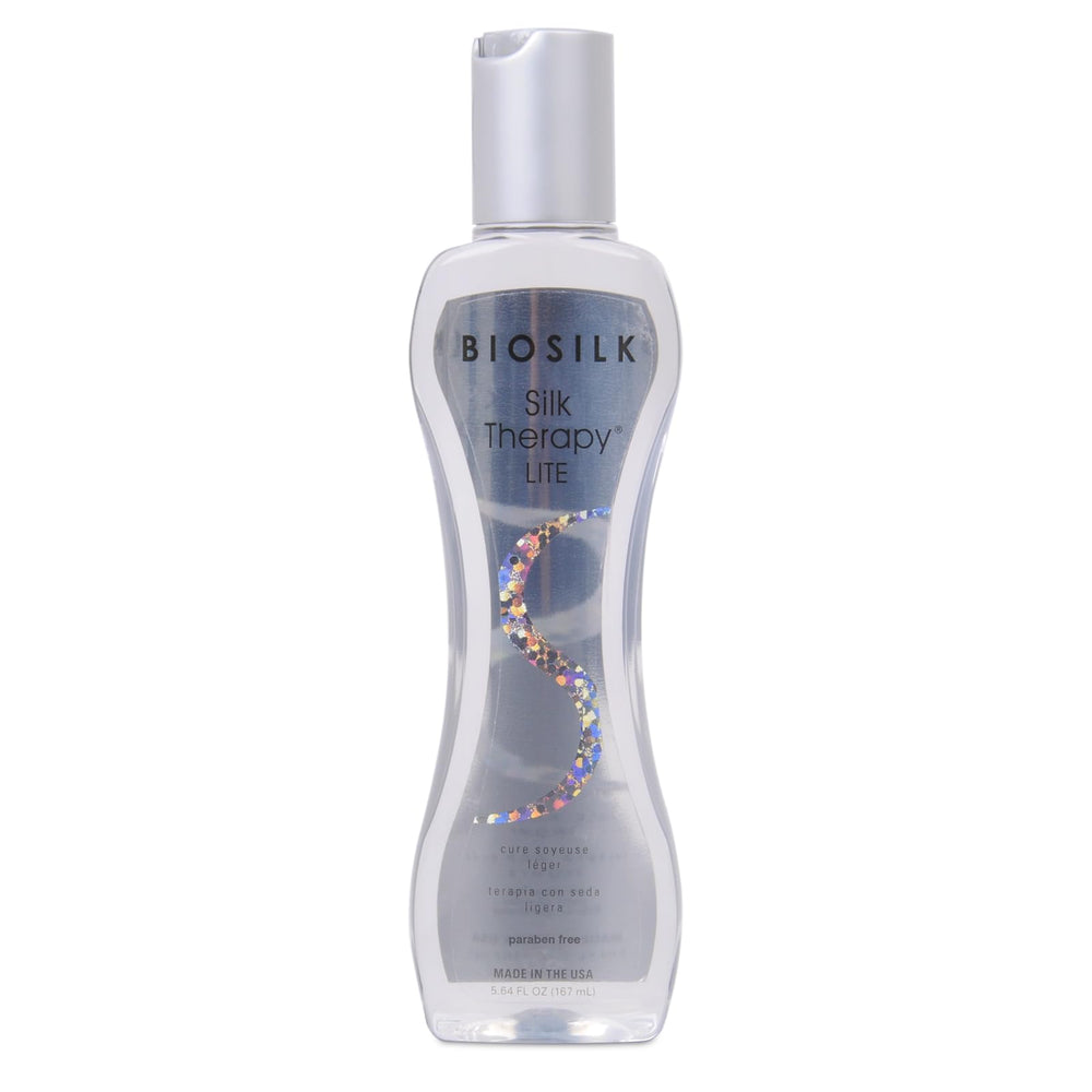 BioSilk Silk Therapy Lite bottle-front shows ultra-light smoothing for fine hair