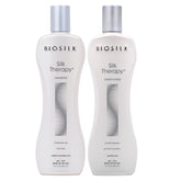BioSilk Silk Therapy shampoo bottle pour for gentle cleansing and shine.