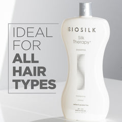 BioSilk Silk Therapy Shampoo lather demonstrating gentle cleansing for healthy-looking hair.