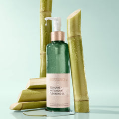Biossance Squalane Cleansing Oil dispensing cap shows quick, residue-free makeup removal.