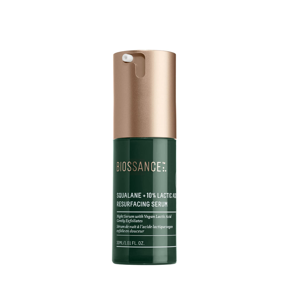 BIOSSANCE Squalane + Lactic Acid Serum bottle close-up for smoother texture.