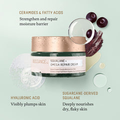 BIOSSANCE Squalane + Omega Repair Cream ingredients featuring acai sterols and squalane