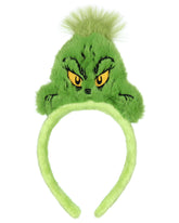 Bioworld Grinch headband closeup showing velvety texture and embroidered grin for festive flair