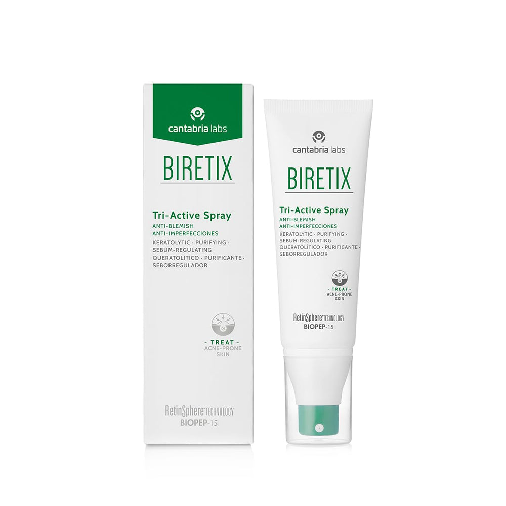 Biretix Tri-Active Spray packshot shows a lightweight oil control mist.