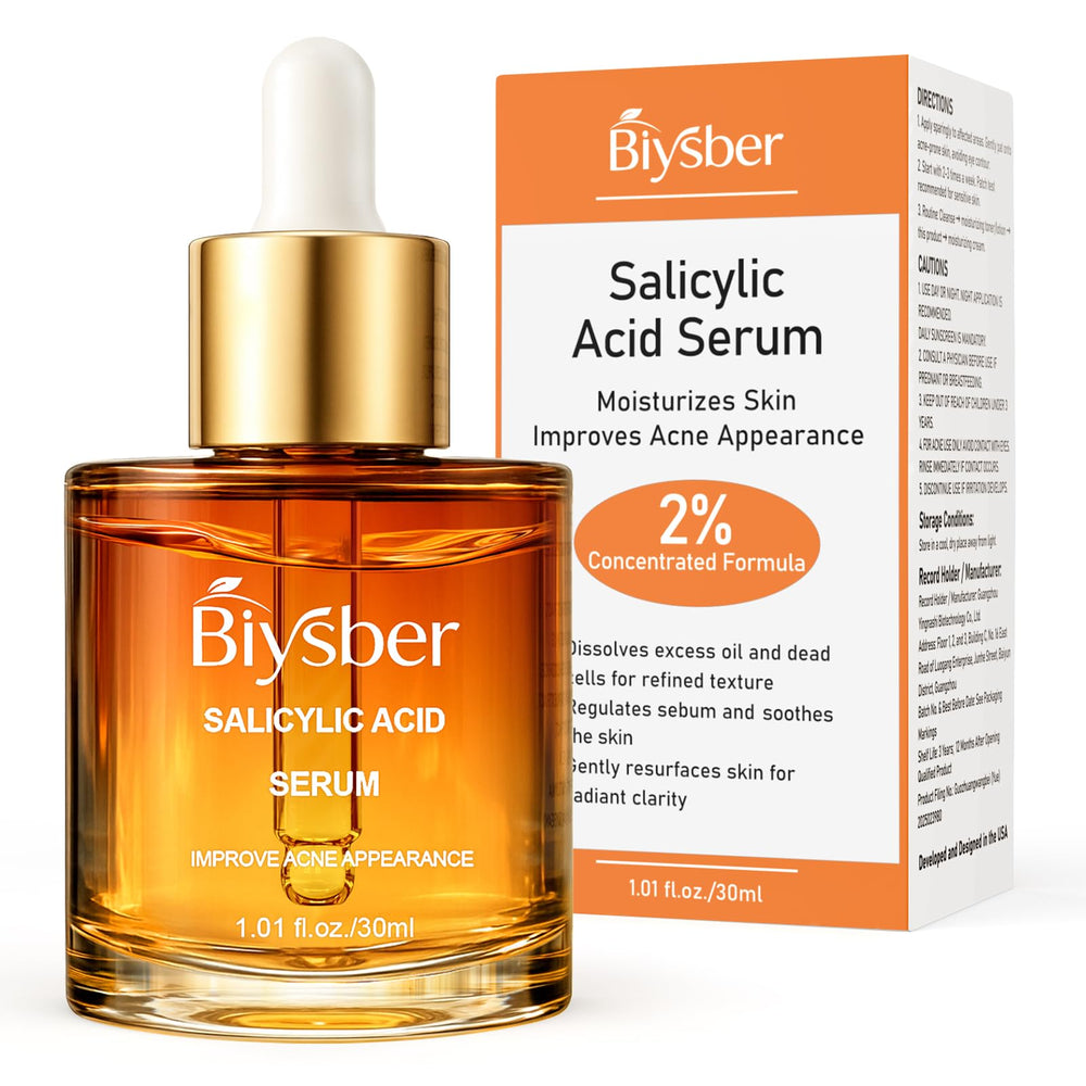 BIYSBER Salicylic Acid 2% Serum bottle closeup shows clean packaging and gentle exfoliation.