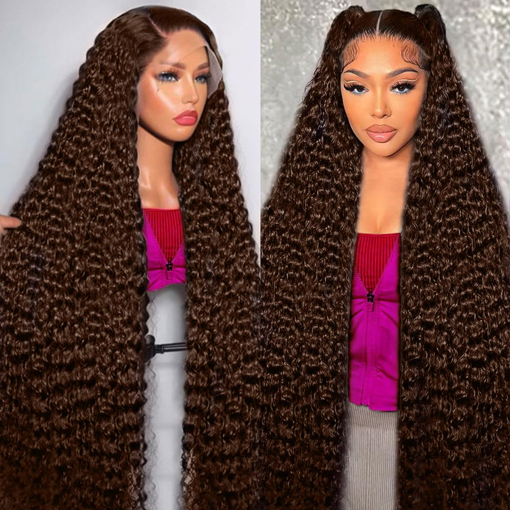 BJVT 30in chocolate brown deep wave lace front wig close-up natural scalp
