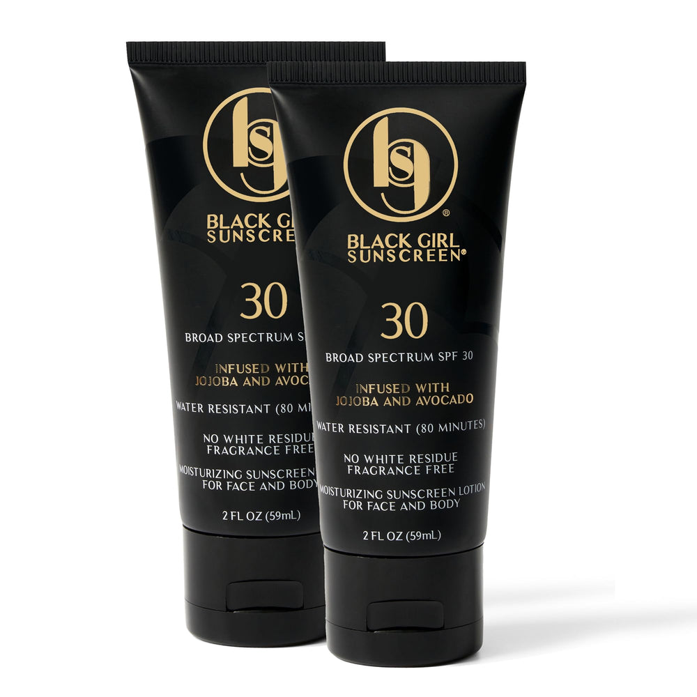 Black Girl Sunscreen face and body lotion bottle showing SPF 30 protection for melanin-rich skin.