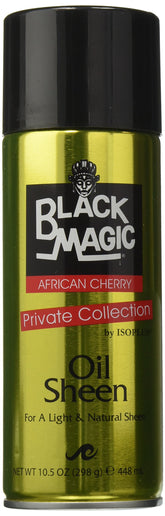 Black Magic Oil Sheen Cherry bottle delivers radiant shine for all hair textures.