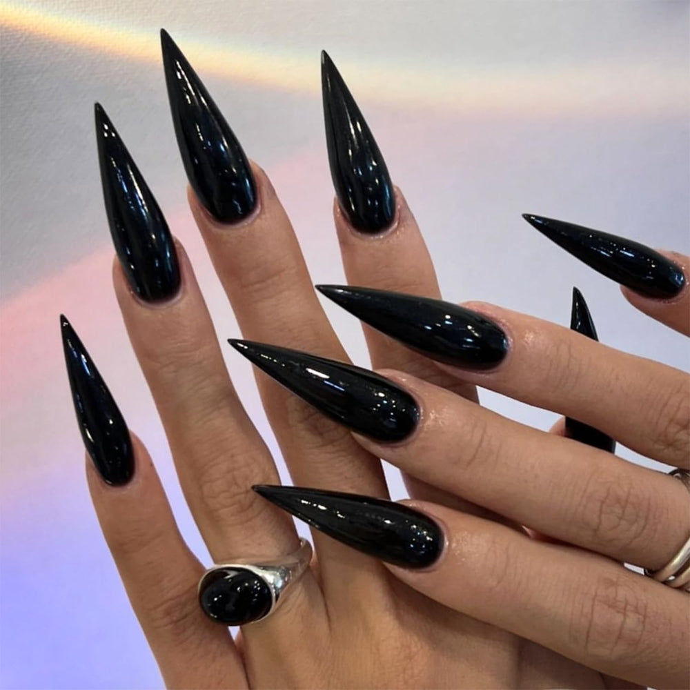Black Solid Color Stiletto press-on nails 24-piece set for quick glam touch-ups