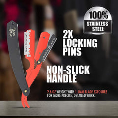 BLACK WIDOW razor matte-black-red finish supports stylish professional shaving results.
