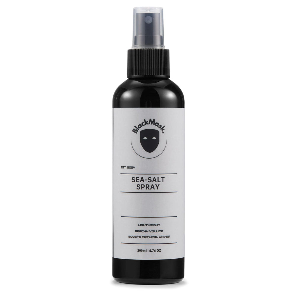 BlackMask Sea Salt Spray packaging showcases a sleek bottle for on-the-go styling.