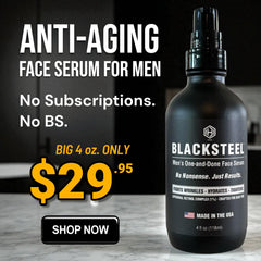 BLACKSTEEL serum being massaged into skin for quick hydration.