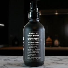 BLACKSTEEL serum on bathroom shelf illustrating one-step skincare solution.
