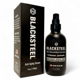 BLACKSTEEL men's serum bottle front showing sleek matte packaging for daily use.