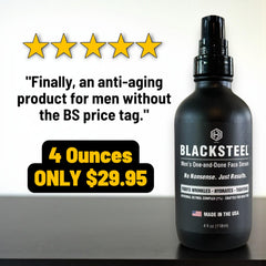 BLACKSTEEL serum dropper close-up with retinol and HA slowing aging benefits.