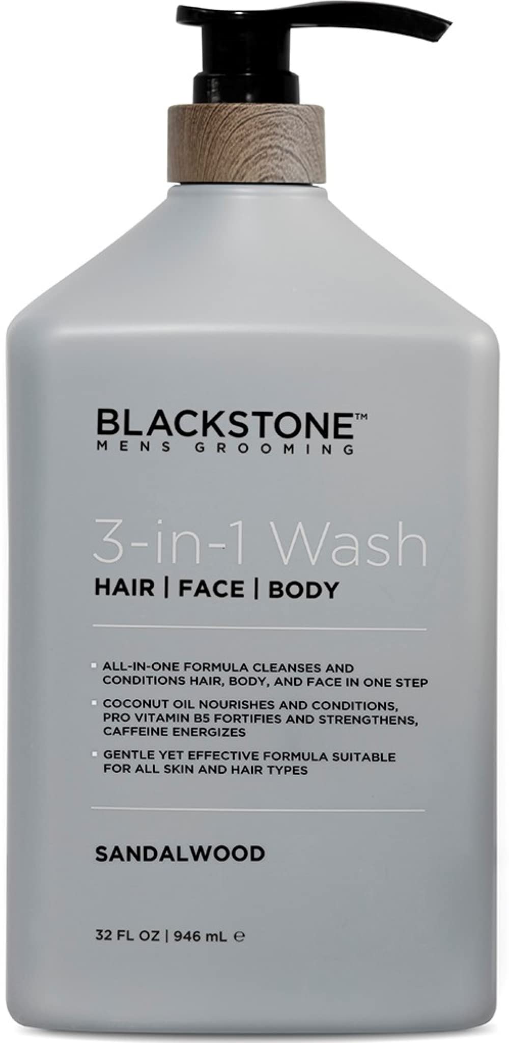 Blackstone 3-in-1 Wash bottle showcasing sandalwood scent for daily grooming.
