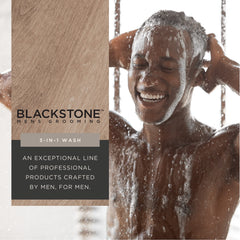 Blackstone 3-in-1 Wash demonstrated on face, hair, and body for streamlined routine.