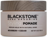 Blackstone pomade bottle front view, medium hold and natural shine.