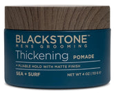 Blackstone pomade jar closeup demonstrates matte finish for natural texture.