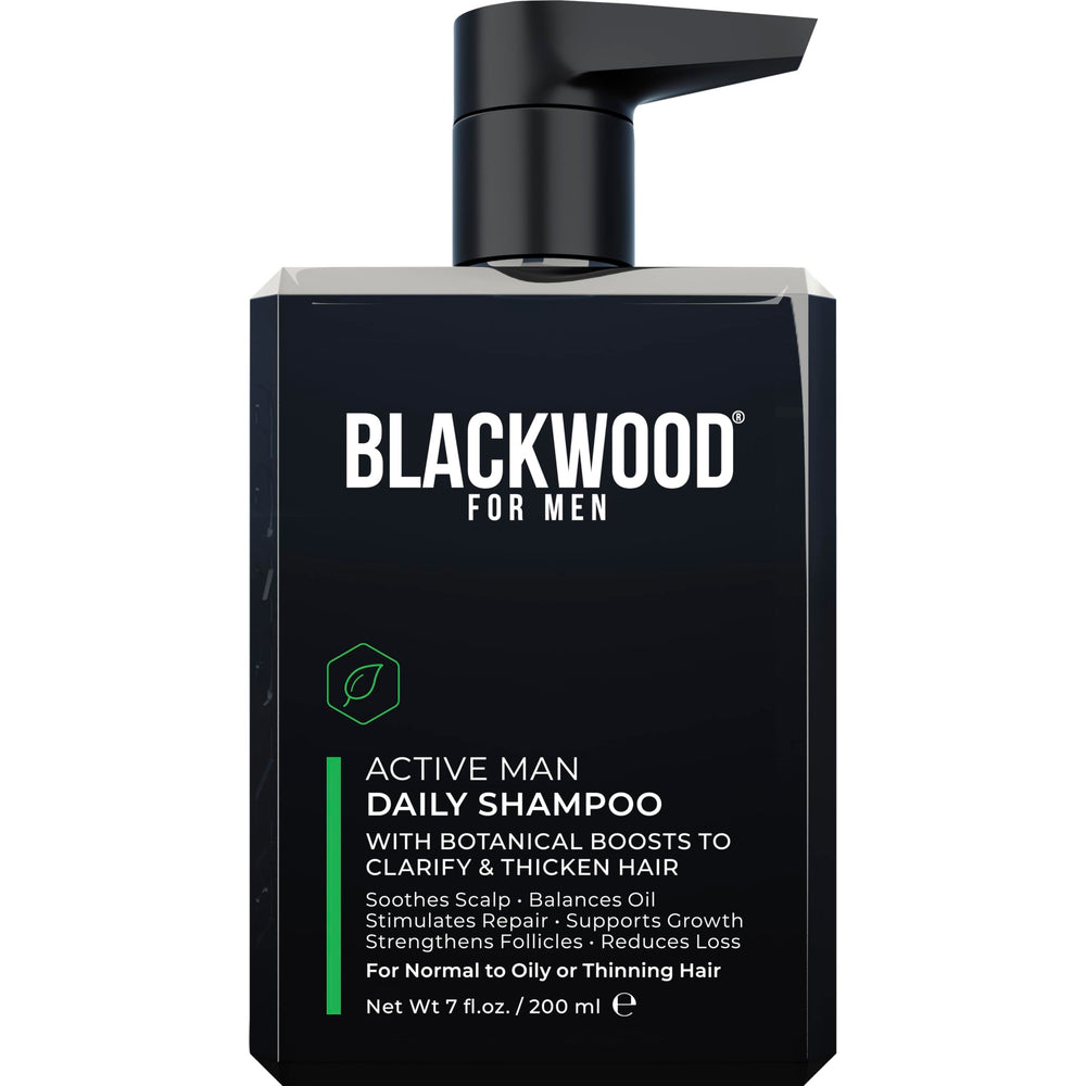 Blackwood For Men Active Man Daily Shampoo bottle close-up for oil-clearing cleansing.