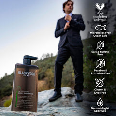 Blackwood For Men Active Man Daily Shampoo highlighting ginseng and aloe vera for scalp soothing.