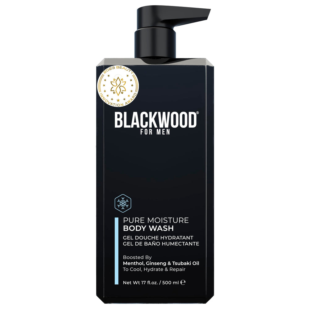 Blackwood For Men Pure Moisture Body Wash bottle pouring to boost hydration after cleansing
