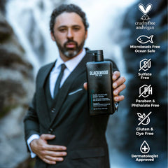 Blackwood For Men Pure Moisture Body Wash foam in hand shows rich lather with botanical boosts