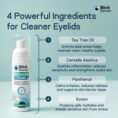 BlinkBetter BetterLids foam lather application demonstrates gentle cleansing for lashes and lids.