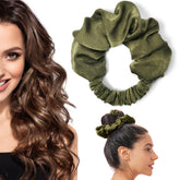 BLINKEEN olive-green heatless curling scrunchie on hair for no-heat curl styling