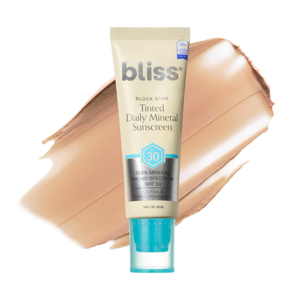 Bliss Block Star SPF 30 tinted sunscreen tube front showing universal finish