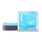 Bliss Incredi-Peel pad packaging close-up for travel-friendly exfoliation.