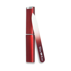 Bliss Kiss crystal nail file case viewed in compact pocket-friendly form for on-the-go use
