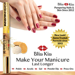 Bliss Kiss vanilla cuticle oil pen on nails during application.