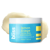 Bliss Lemon and Sage Satin Skin Body Polish jar shows silky texture for hydrated skin.