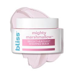 Bliss Mighty Marshmallow Mask jar close-up shows creamy pink formula for hydration and glow.