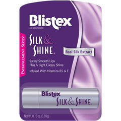 Blistex Silk & Shine lip moisturizer tube close-up shows satiny smooth lips.