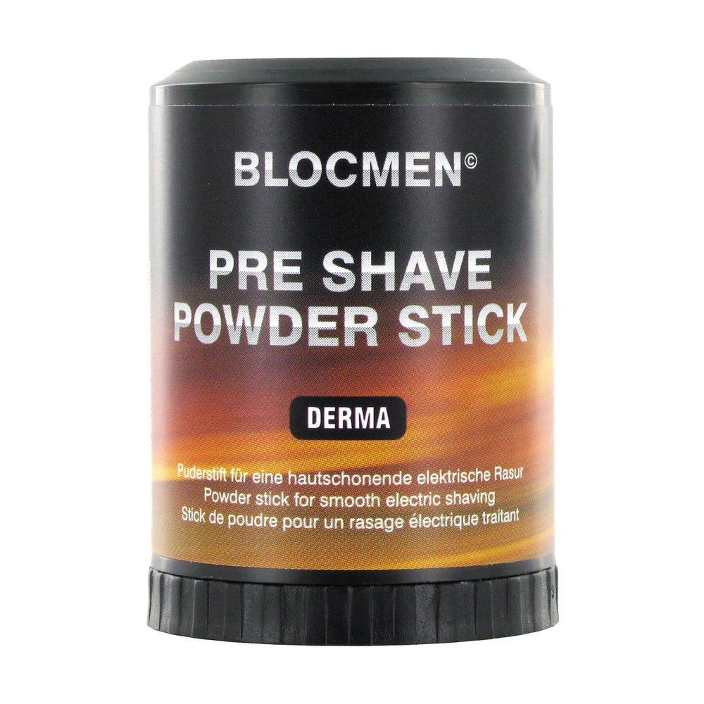 Blocmen Derma Pre Shave Powder Stick closeup showing fine powder for sensitive skin.