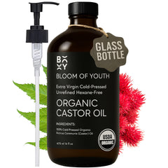Bloom of Youth castor oil in amber bottle nourishes skin and hair