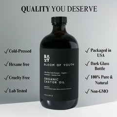 Bloom of Youth castor oil bottle shows USA-made quality and amber protection