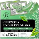 BLOOMORA Green Tea Under Eye Patches pack shot with 20 individual wraps for convenience