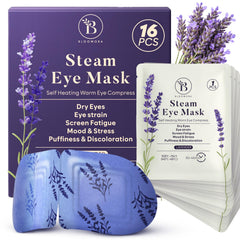 BLOOMORA lavender steam eye mask packaging highlights travel-ready relaxation.